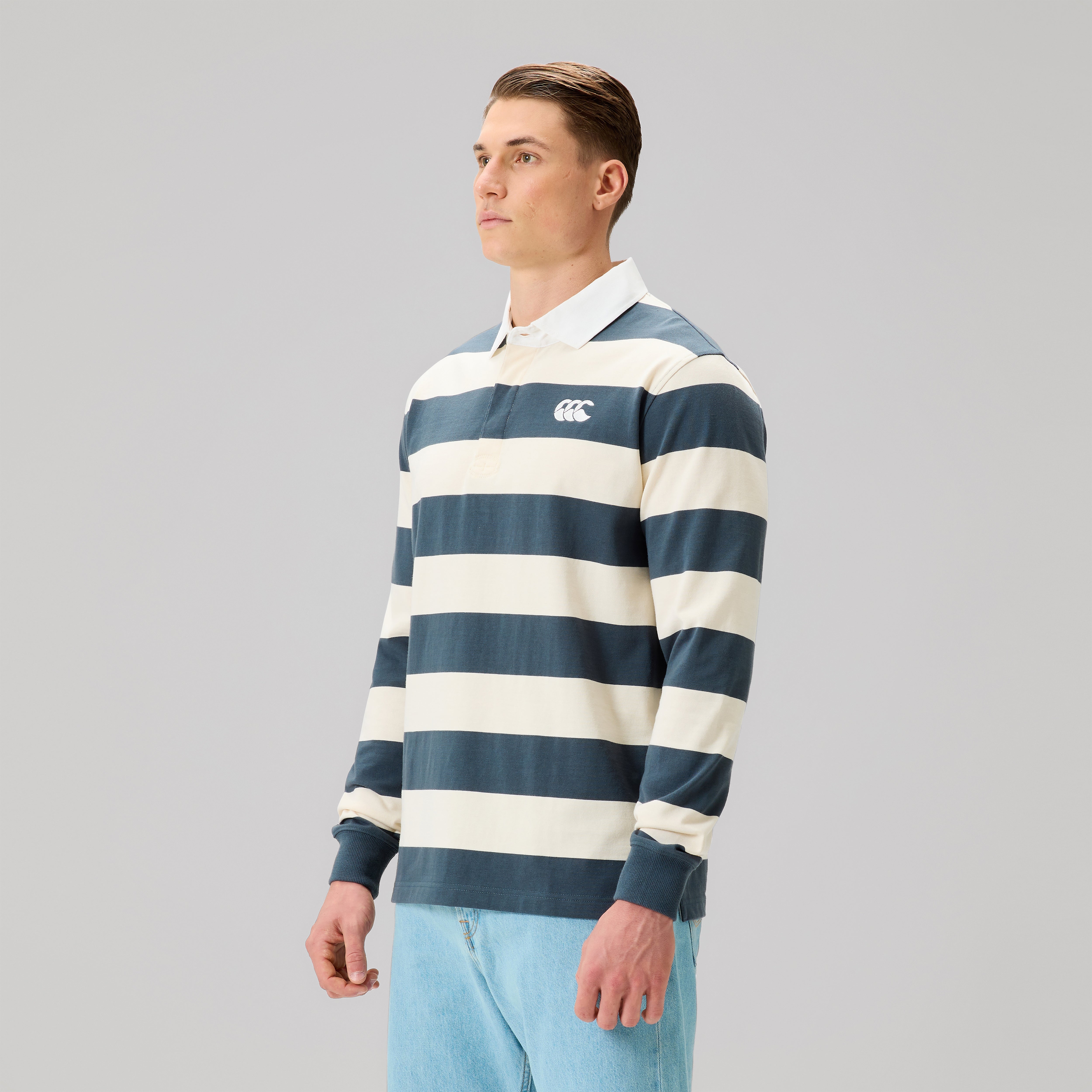 Mens Fundamentals Yarn Stripe Rugby Jersey Grey | Blue | Canterbury